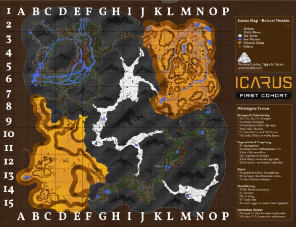 Icarus Karte mit allen Biomen, allen Höhlen und den wichtigsten Tastenbelegungen